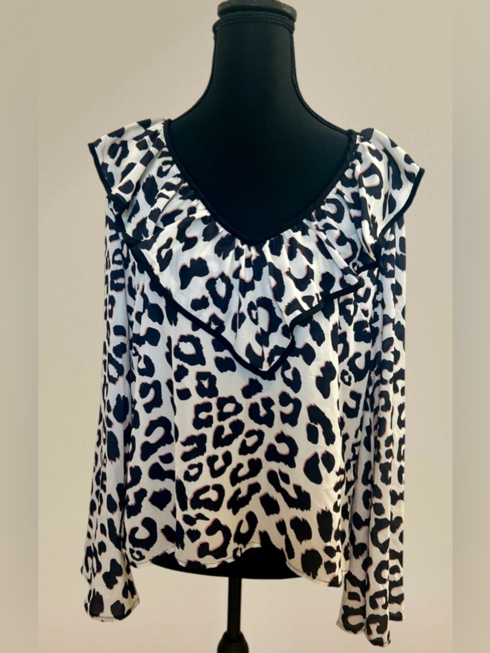 Flying Tomato Black, Tan, and White Leopard Print Top, Small